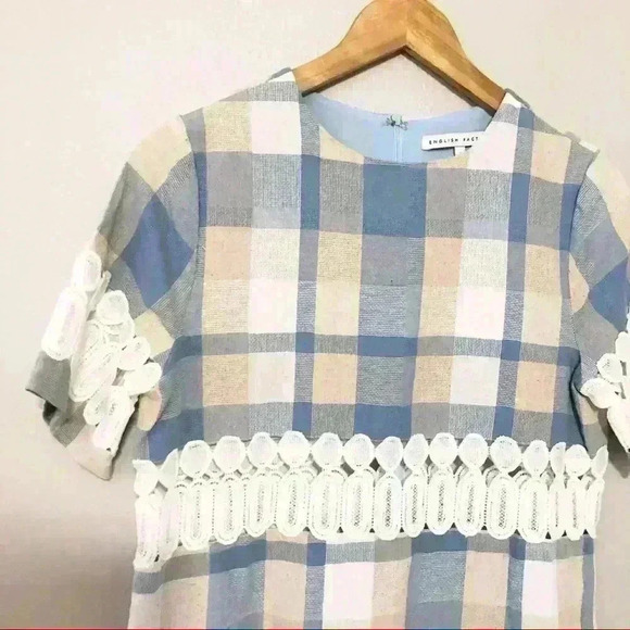 English Factory Plaid Lace Detail Dress Sz S Blue - Picture 5 of 7